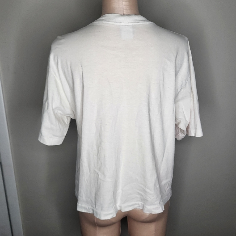 Vintage 90s White Cropped Graphic T-Shirt Green Reeds Orange Fish One Size - Picture 4 of 7